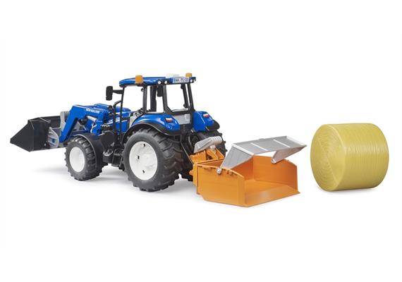 Bruder 02187 New Holland T5.120 mit FL, Ladekasten, Gabeln + 1 Rundballen